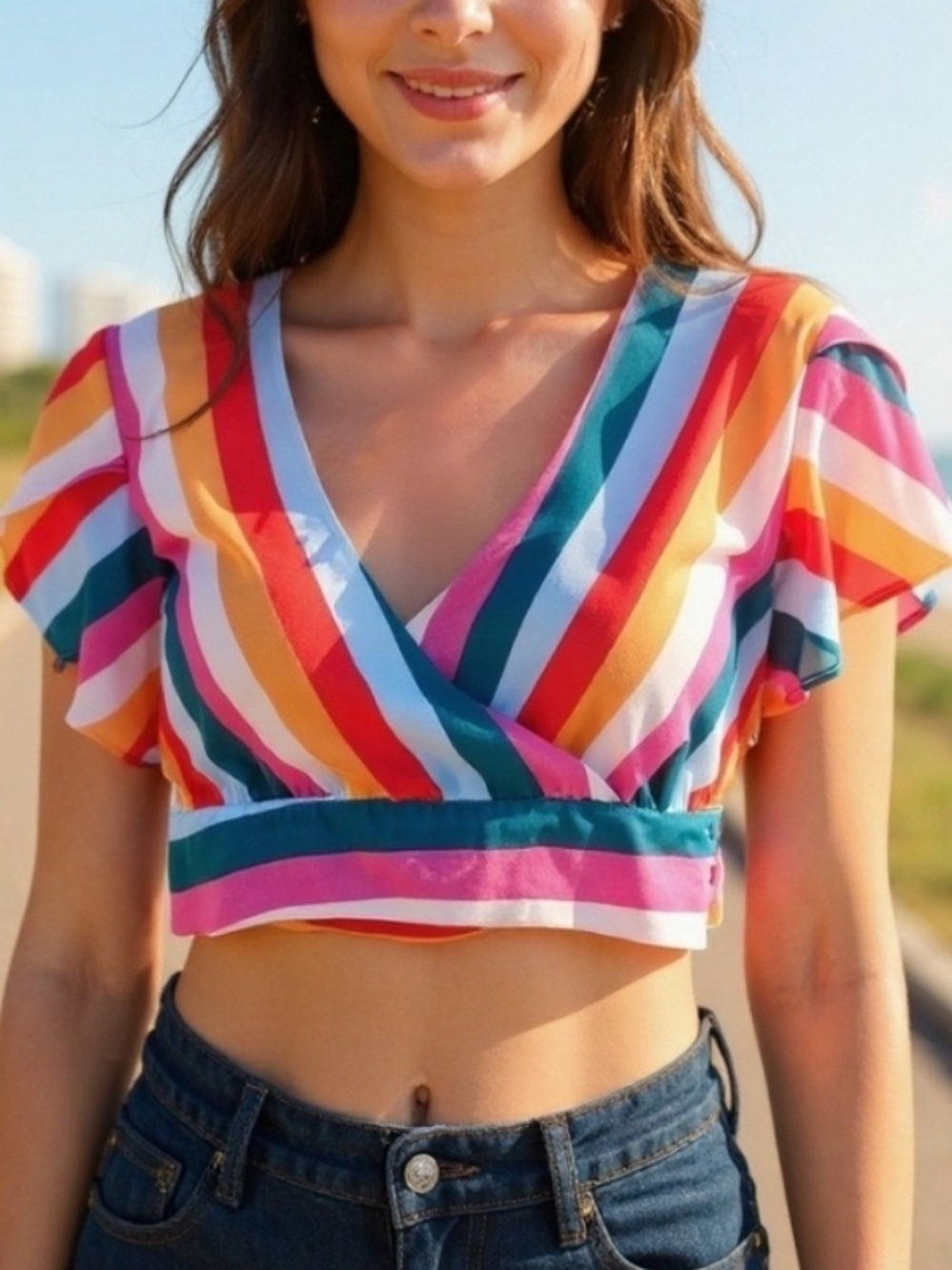 Aqua Multicolor Striped V-Neck Crop Top